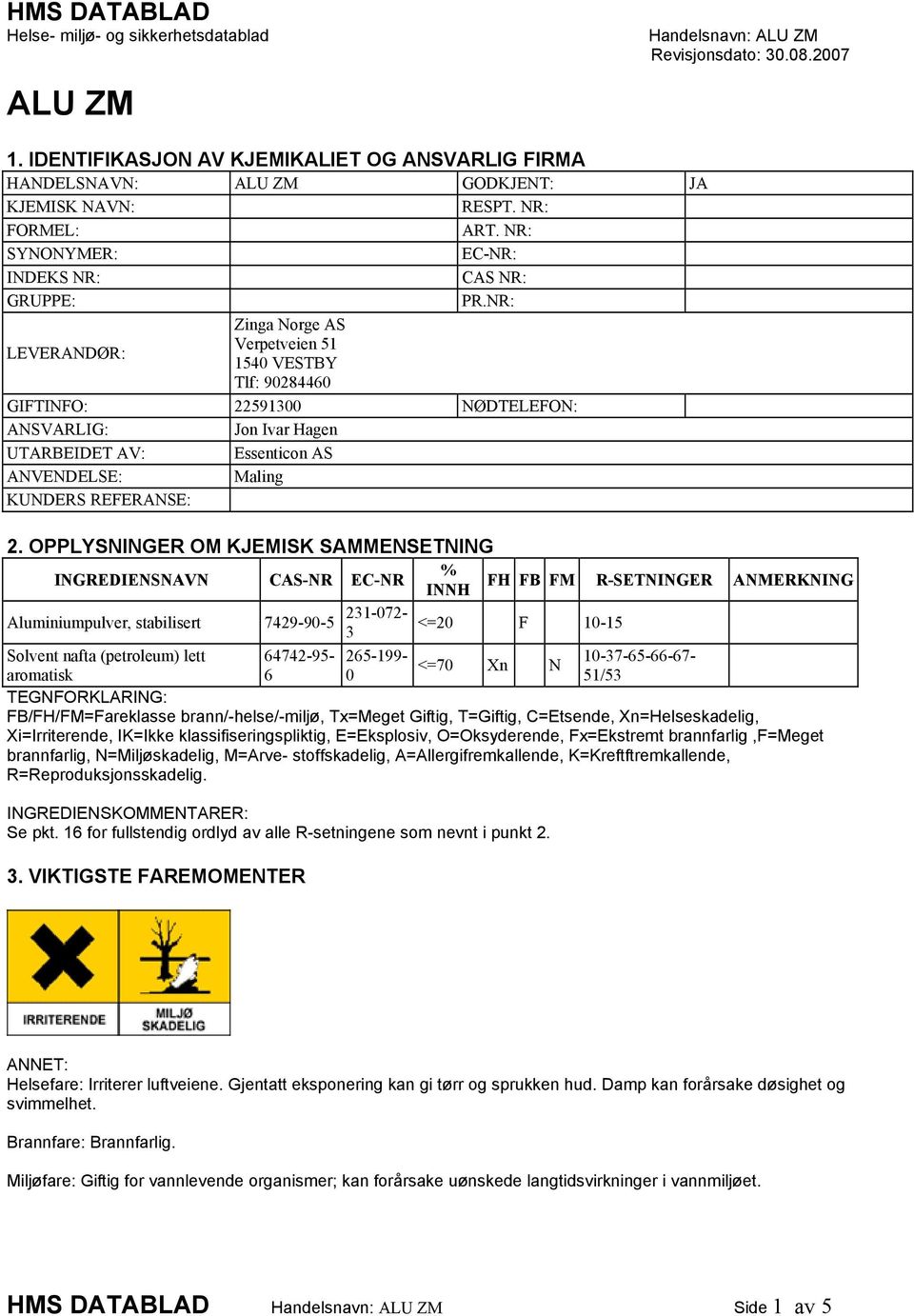 NR: LEVERANDØR: Zinga Norge AS Verpetveien 51 1540 VESTBY Tlf: 90284460 GIFTINFO: 22591300 NØDTELEFON: ANSVARLIG: Jon Ivar Hagen UTARBEIDET AV: Essenticon AS ANVENDELSE: Maling KUNDERS REFERANSE: 2.