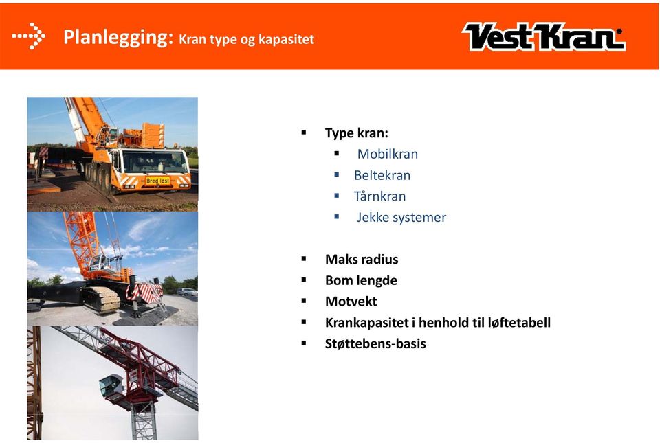 systemer Maks radius Bom lengde Motvekt