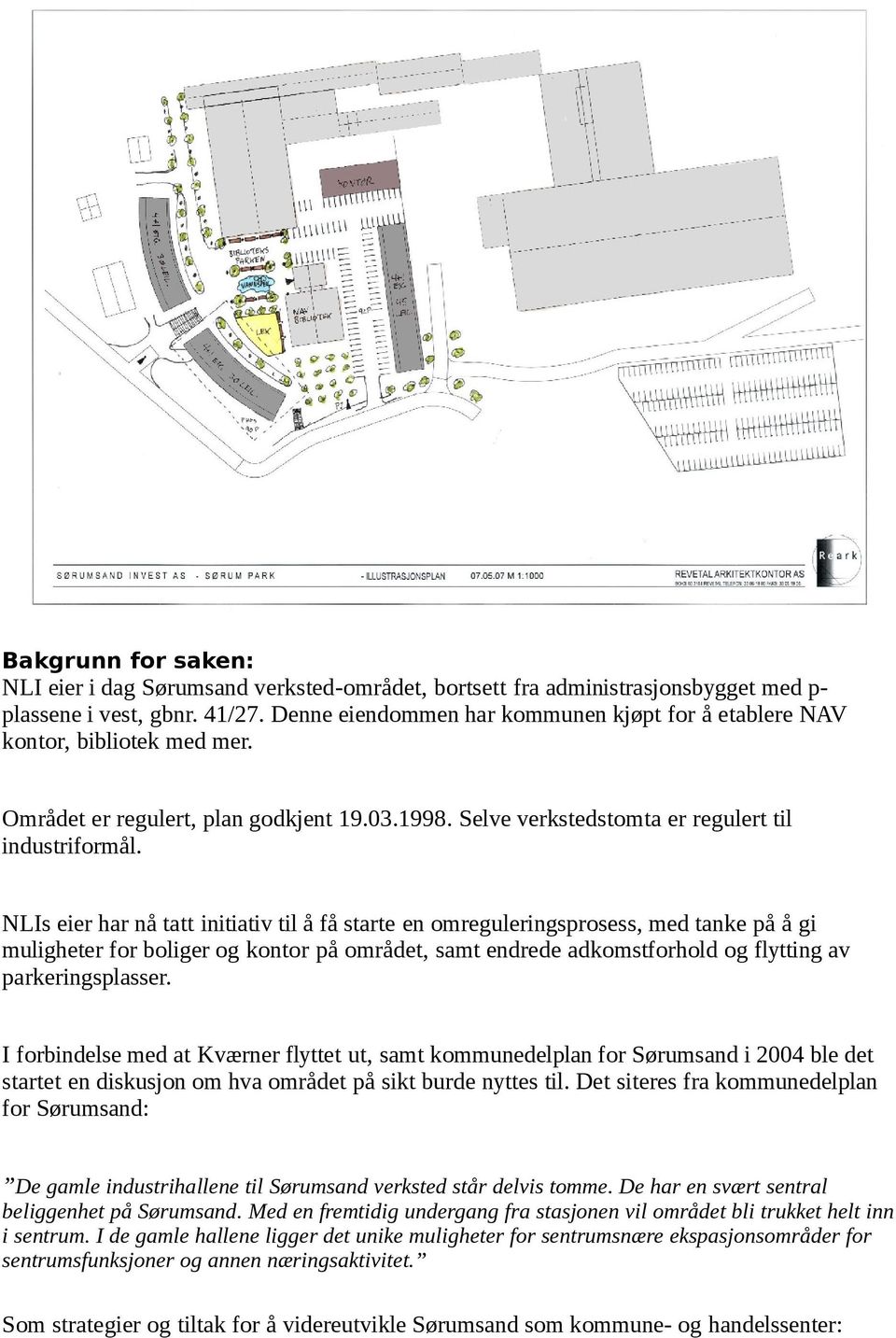 NLIs eier har nå tatt initiativ til å få starte en omreguleringsprosess, med tanke på å gi muligheter for boliger og kontor på området, samt endrede adkomstforhold og flytting av parkeringsplasser.