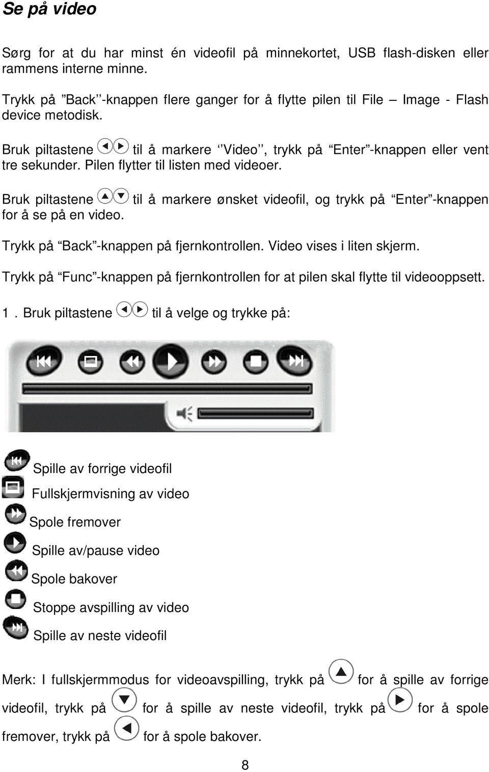 Pilen flytter til listen med videoer. Bruk piltastene for å se på en video. til å markere ønsket videofil, og trykk på Enter -knappen Trykk på Back -knappen på fjernkontrollen.