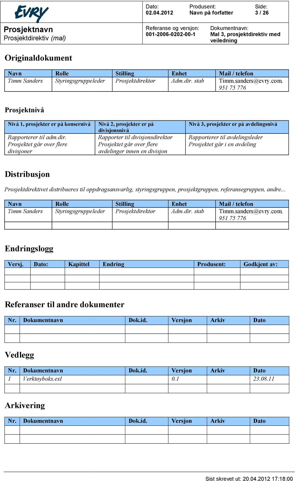 Prosjektet går over flere divisjoner ivå 2, prosjekter er på divisjonsnivå Rapporter til divisjonsdirektør Prosjektet går over flere avdelinger innen en divisjon ivå 3, prosjekter er på avdelingsnivå