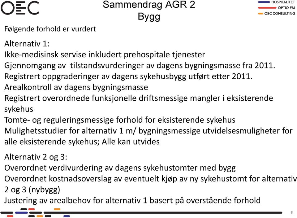 Arealkontroll av dagens bygningsmasse Registrert overordnede funksjonelle driftsmessige mangler i eksisterende sykehus Tomte- og reguleringsmessige forhold for eksisterende sykehus Mulighetsstudier