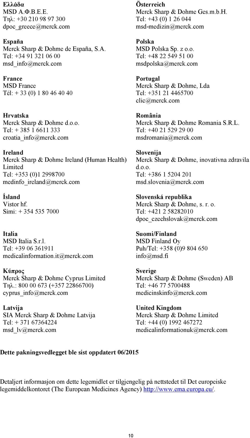 com Ireland Merck Sharp & Dohme Ireland (Human Health) Limited Tel: +353 (0)1 2998700 medinfo_ireland@merck.com Ísland Vistor hf. Sími: + 354 535 7000 Italia MSD Italia S.r.l. Tel: +39 06 361911 medicalinformation.