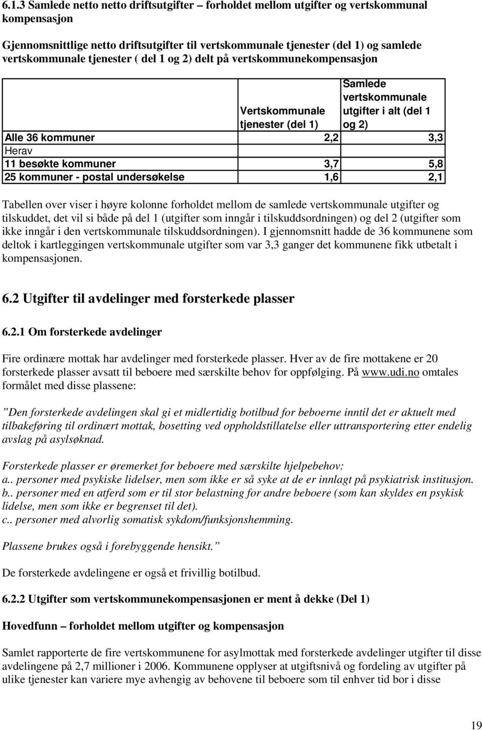 25 kommuner - postal undersøkelse 1,6 2,1 Tabellen over viser i høyre kolonne forholdet mellom de samlede vertskommunale utgifter og tilskuddet, det vil si både på del 1 (utgifter som inngår i