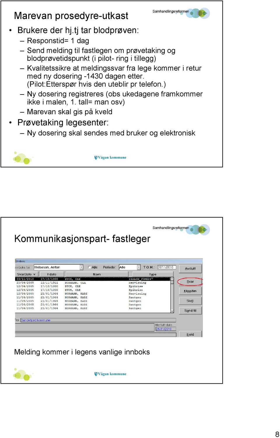 meldingssvar fra lege kommer i retur med ny dosering -1430 dagen etter. (Pilot:Etterspør hvis den uteblir pr telefon.