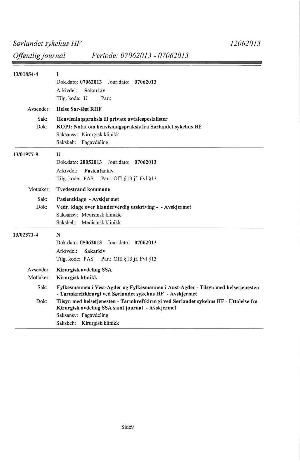 dato: 28052013 Jour.dato: 07062013 Arkivdel: Tilg.kode: PAS Pasientarkiv Par.: Offl l3jf.fvl 13 Tvedestrand kommune Pasientklage - Vedr.