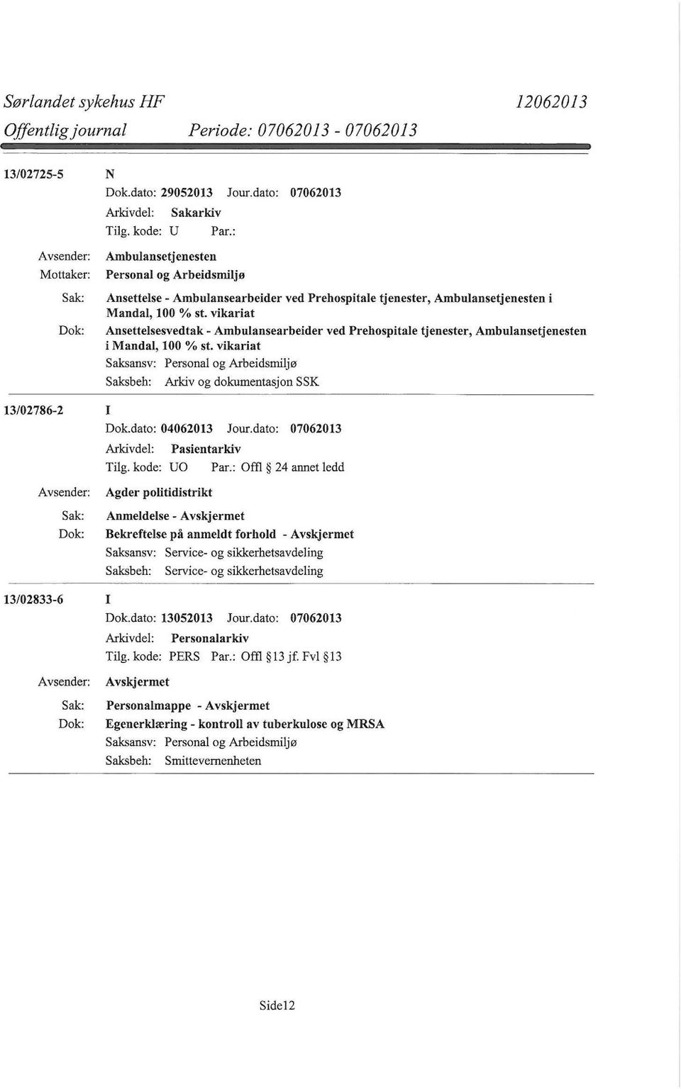 vikariat Ansettelsesvedtak- Ambulansearbeider ved Prehospitale tjenester, Ambulansetjenesten i Mandal, 100% st. vikariat 13/02786-2 I Dok.dato: 04062013 Jour.dato: 07062013 Tilg.