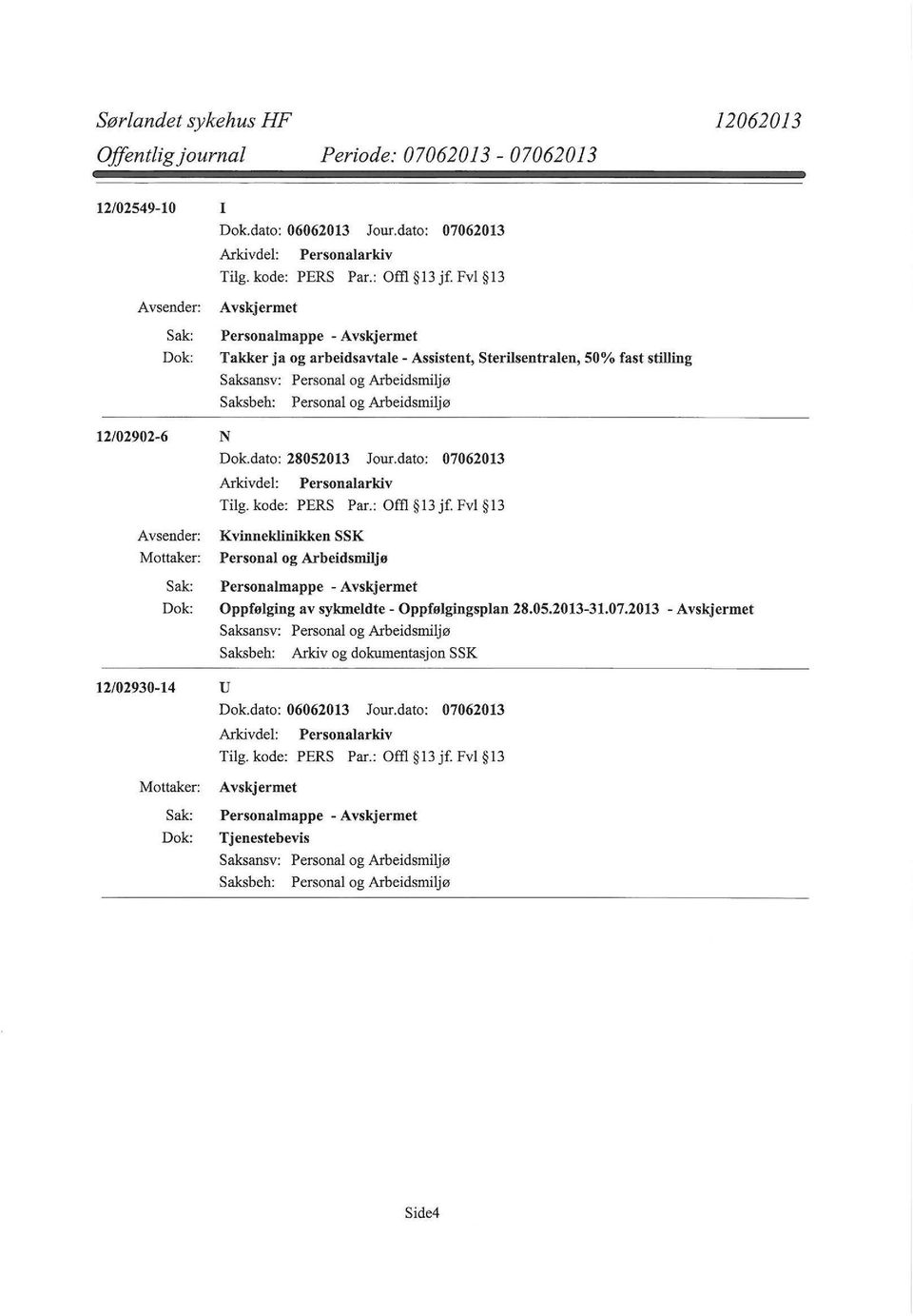 dato: 07062013 Tilg. kode: PERS Par.: Offl 13 jf. Fvl 13 Kvinneklinikken SSK Personalmappe - Oppfølging av sykmeldte- Oppfølgingsplan 28.