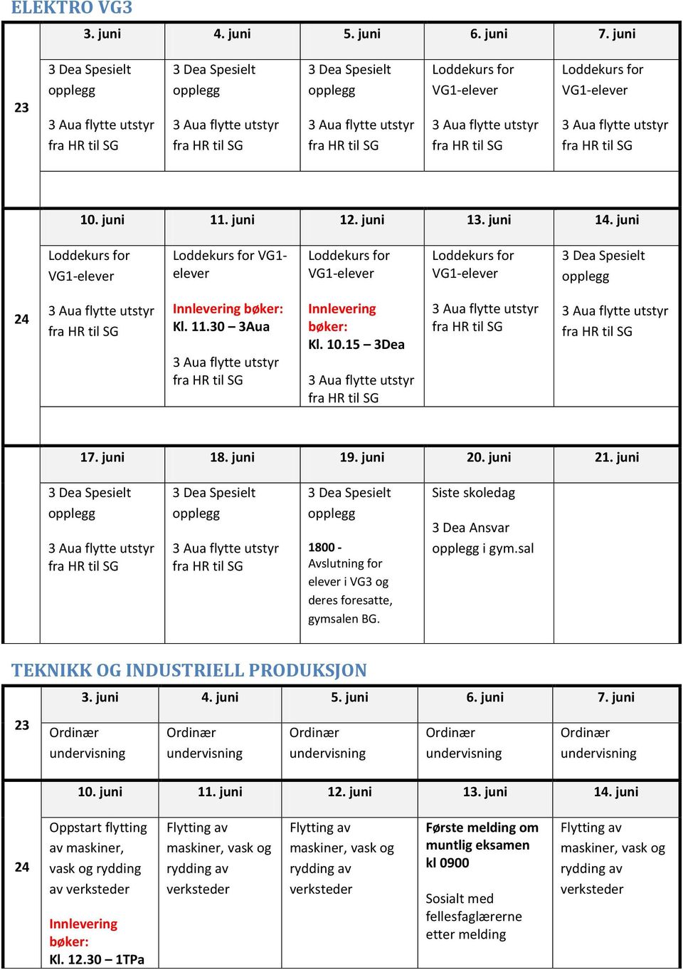 30 3Aua Innlevering bøker: Kl. 10.15 3Dea 1800 - elever i VG3 og deres foresatte, gymsalen BG. 3 Dea Ansvar i gym.sal TEKNIKK OG INDUSTRIELL PRODUKSJON 23 3. juni 4. juni 5. juni 6. juni 7.