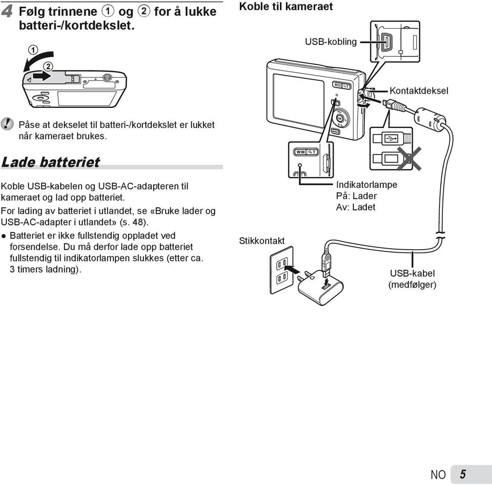 Lade batteriet Koble USB-kabelen og USB-AC-adapteren til kameraet og lad opp batteriet.