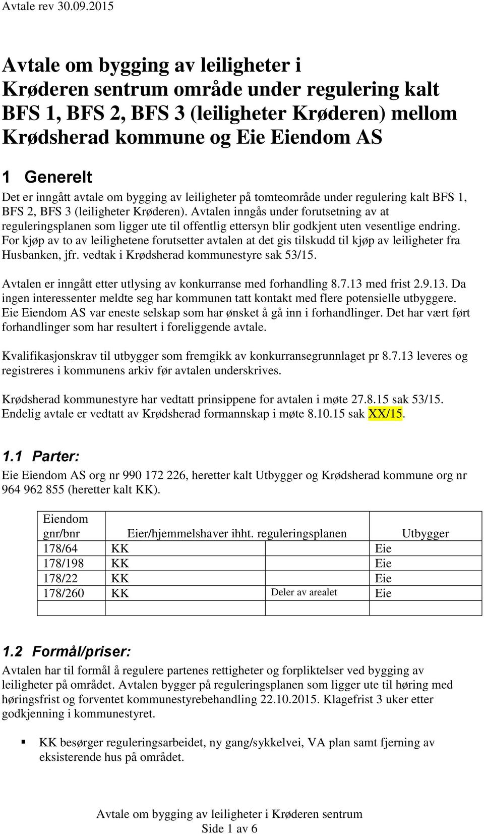 Avtalen inngås under forutsetning av at reguleringsplanen som ligger ute til offentlig ettersyn blir godkjent uten vesentlige endring.