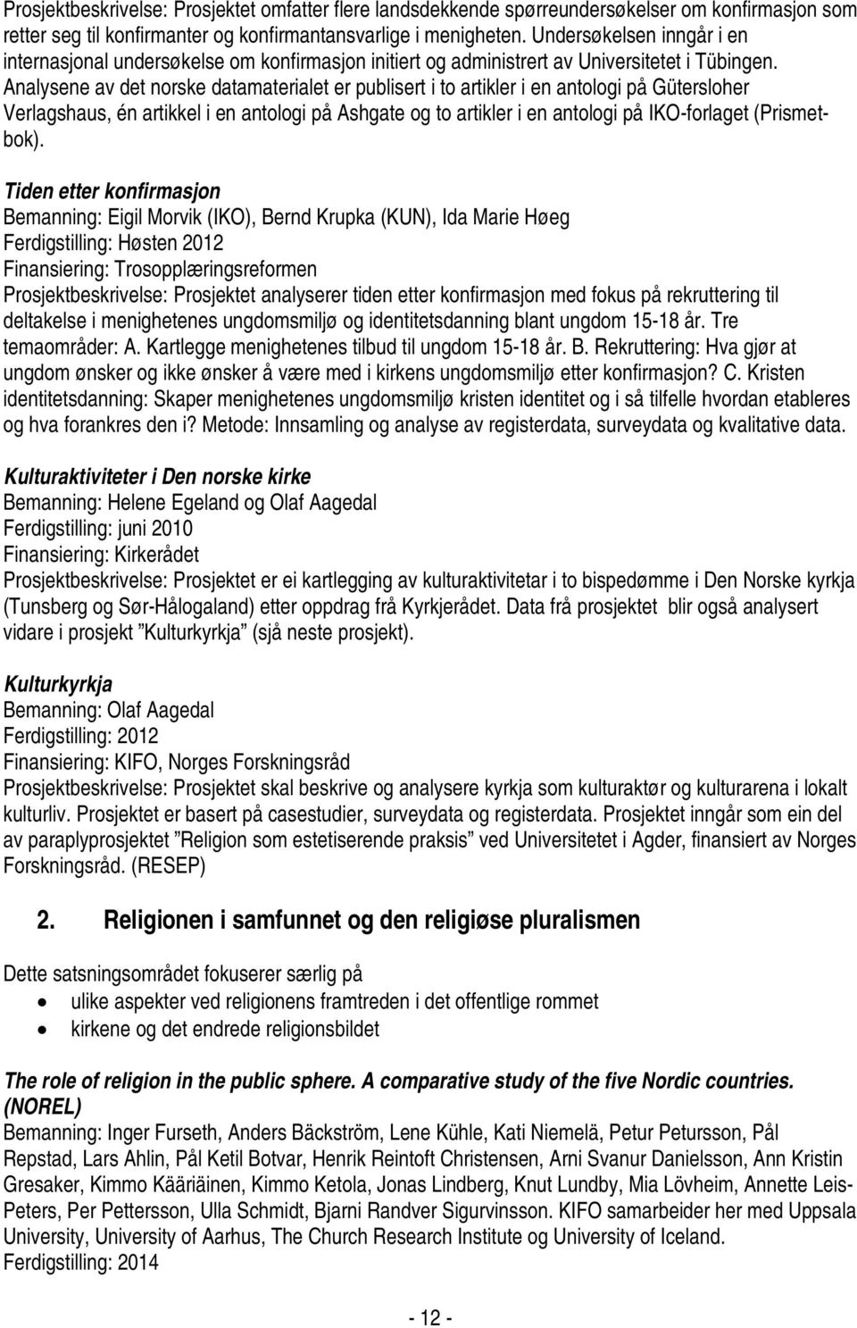 Analysene av det norske datamaterialet er publisert i to artikler i en antologi på Gütersloher Verlagshaus, én artikkel i en antologi på Ashgate og to artikler i en antologi på IKO-forlaget