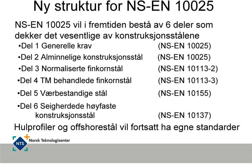 Normaliserte finkornstål (NS-EN 10113-2) Del 4 TM behandlede finkornstål (NS-EN 10113-3) Del 5 Værbestandige stål