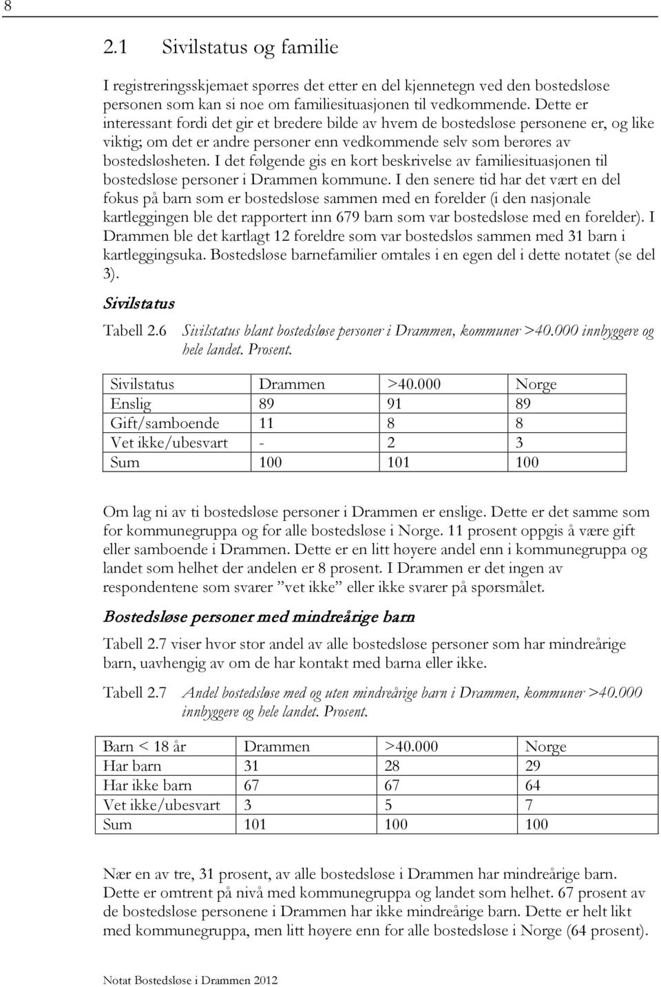 I det følgende gis en kort beskrivelse av familiesituasjonen til bostedsløse personer i Drammen kommune.