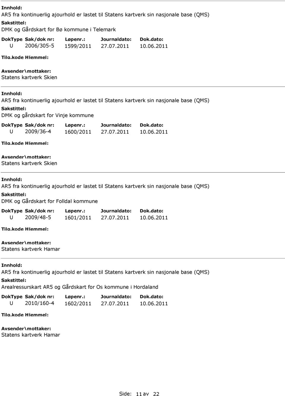 for Folldal kommune 2009/48-5 1601/2011 Statens kartverk Hamar Arealressurskart AR5 og