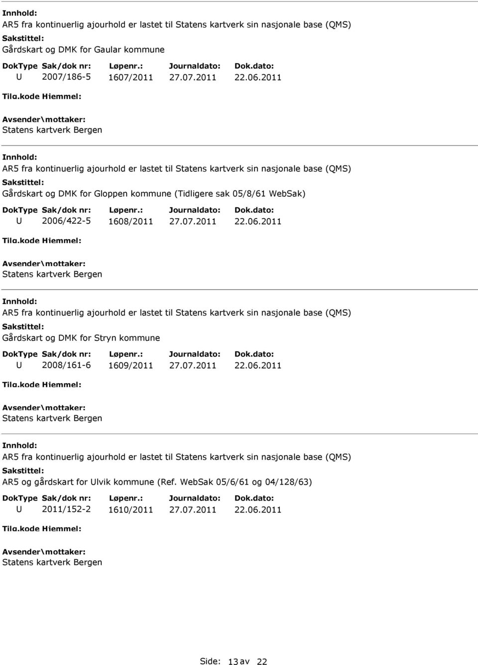 1608/2011 22.06.2011 Statens kartverk Bergen Gårdskart og DMK for Stryn kommune 2008/161-6 1609/2011 22.06.2011 Statens kartverk Bergen AR5 og gårdskart for lvik kommune (Ref.