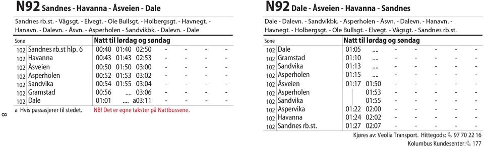 6 00:40 01:40 02:50 - - - - 102 Havanna 00:43 01:43 02:53 - - - - 102 Åsveien 00:50 01:50 03:00 - - - - 102 Asperholen 00:52 01:53 03:02 - - - - 102 Sandvika 00:54 01:55 03:04 - - - - 102 Gramstad