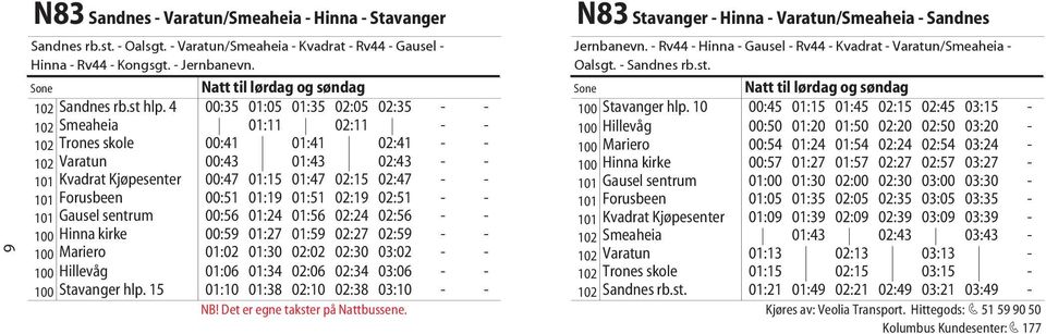 Forusbeen 00:51 01:19 01:51 02:19 02:51 - - 101 Gausel sentrum 00:56 01:24 01:56 02:24 02:56 - - 100 Hinna kirke 00:59 01:27 01:59 02:27 02:59 - - 100 Mariero 01:02 01:30 02:02 02:30 03:02 - - 100