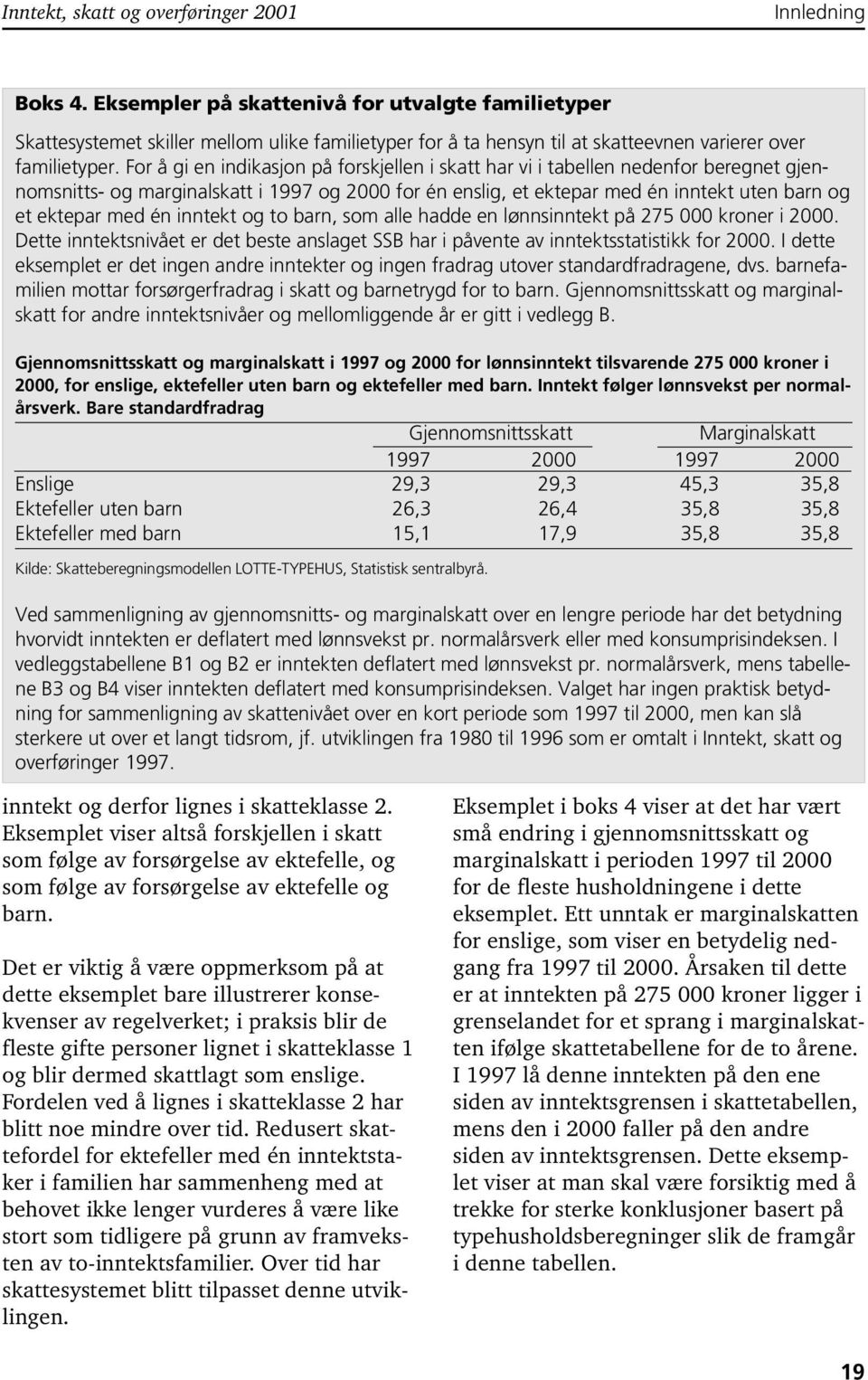 én inntekt og to barn, som alle hadde en lønnsinntekt på 275 000 kroner i 2000. Dette inntektsnivået er det beste anslaget SSB har i påvente av inntektsstatistikk for 2000.