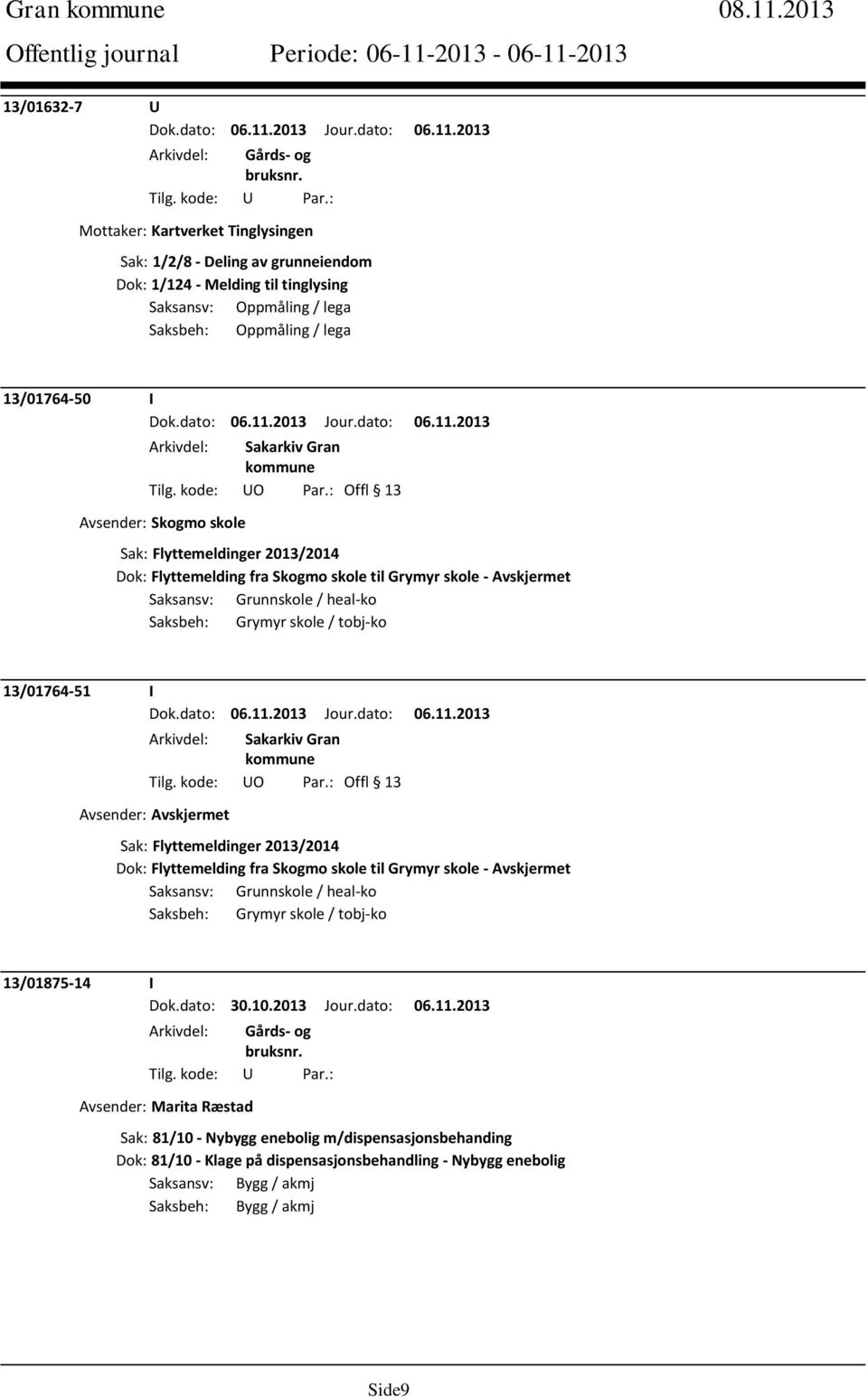 Avsender: Skogmo skole Sak: Flyttemeldinger 2013/2014 Dok: Flyttemelding fra Skogmo skole til Grymyr skole - Avskjermet Saksansv: Grunnskole / heal-ko Saksbeh: Grymyr skole / tobj-ko 13/01764-51 I