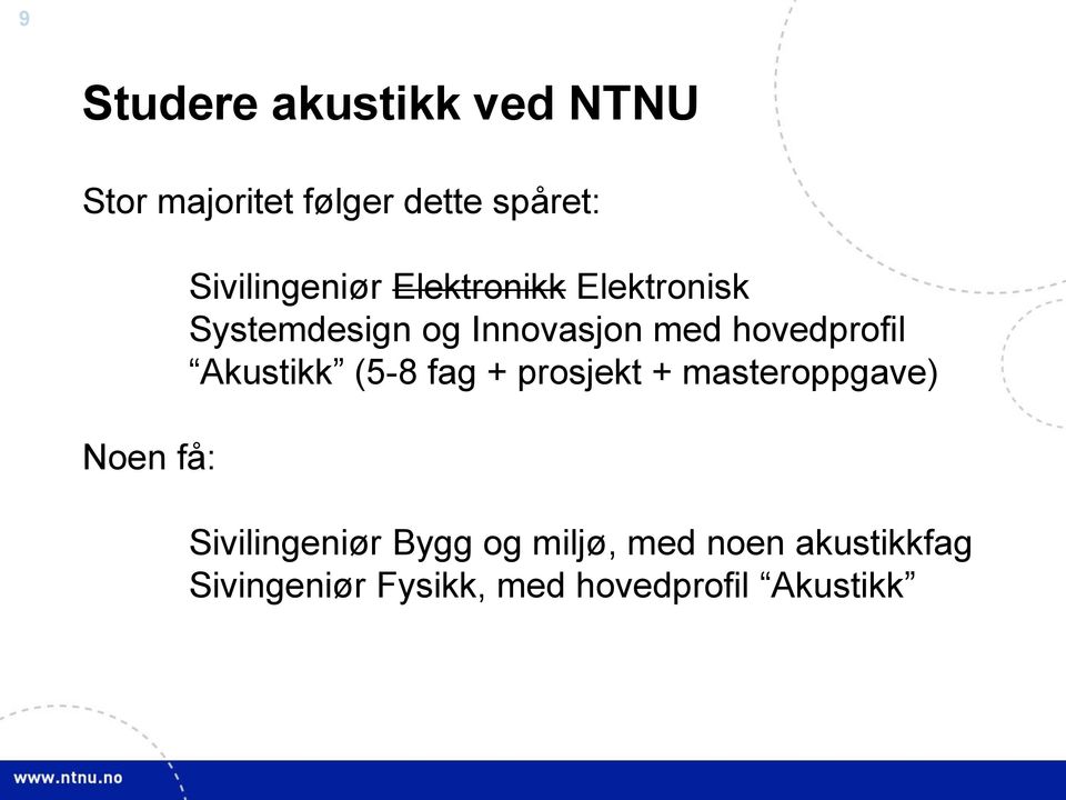 hovedprofil Akustikk (5-8 fag + prosjekt + masteroppgave) Sivilingeniør