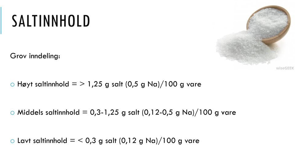 saltinnhold = 0,3-1,25 g salt (0,12-0,5 g Na)/100 g