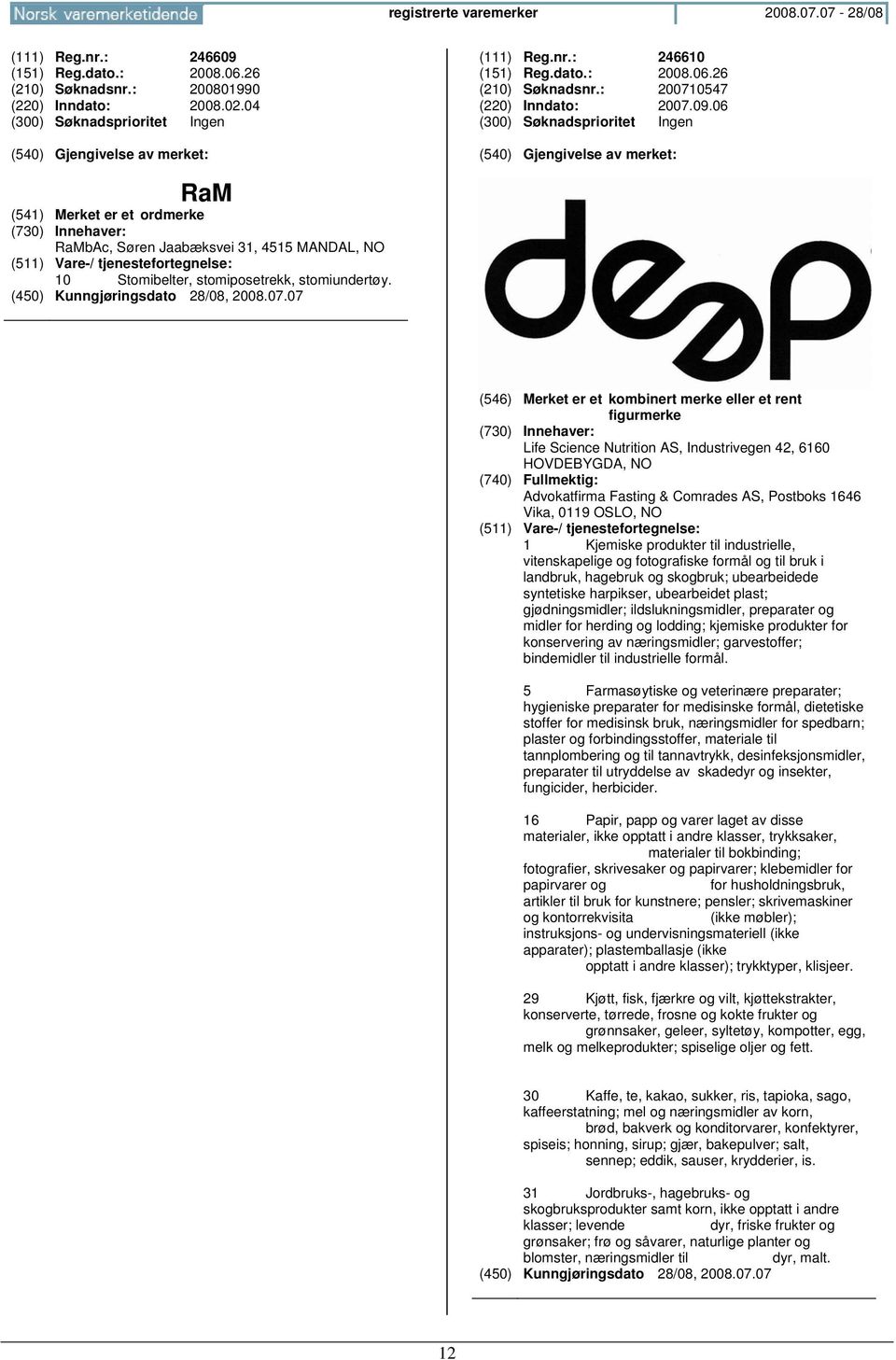 (546) Merket er et kombinert merke eller et rent figurmerke Life Science Nutrition AS, Industrivegen 42, 6160 HOVDEBYGDA, Advokatfirma Fasting & Comrades AS, Postboks 1646 Vika, 0119 OSLO, 1 Kjemiske