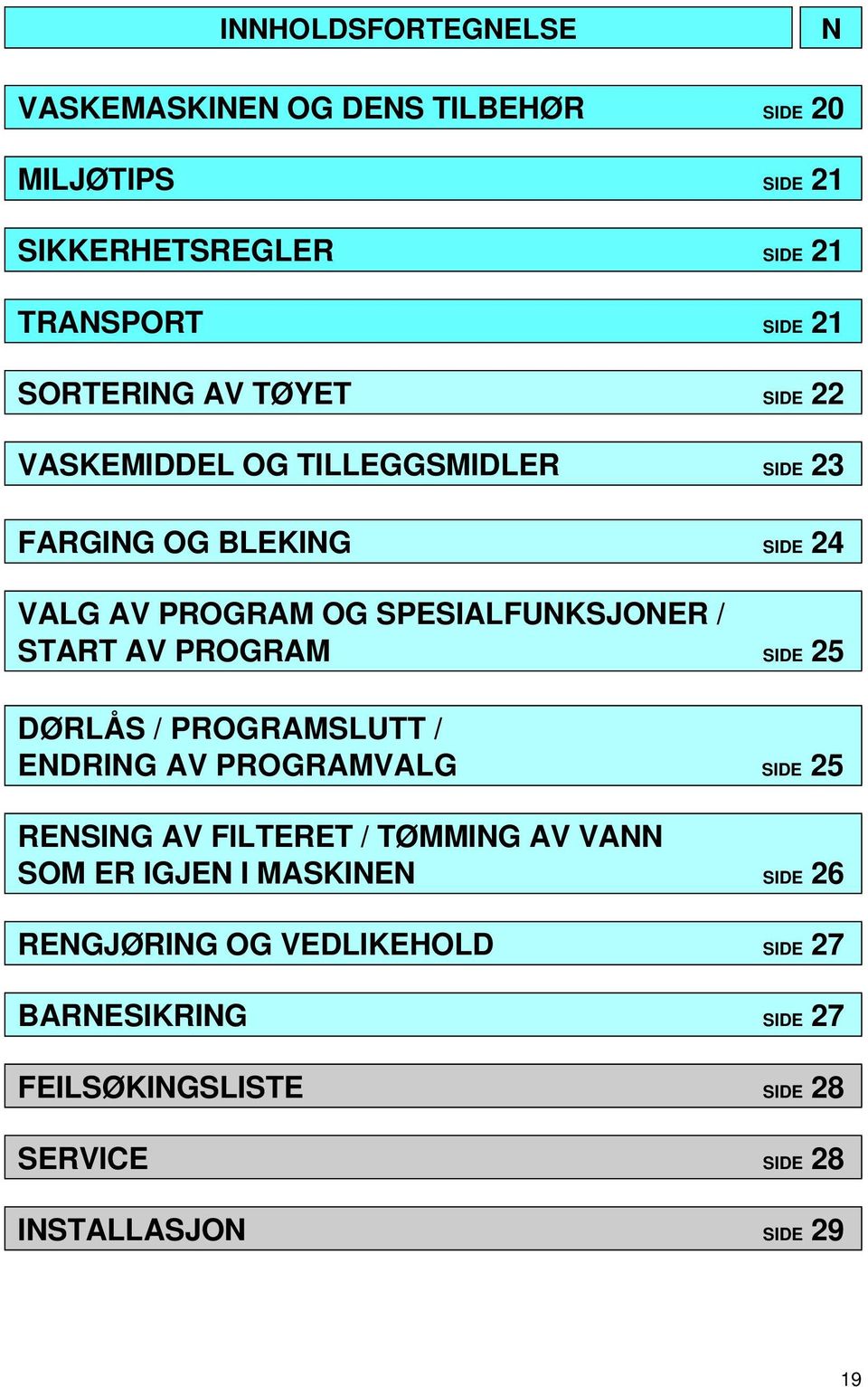 START AV PROGRAM SIDE 5 DØRLÅS / PROGRAMSLUTT / ENDRING AV PROGRAMVALG SIDE 5 RENSING AV FILTERET / TØMMING AV VANN SOM ER