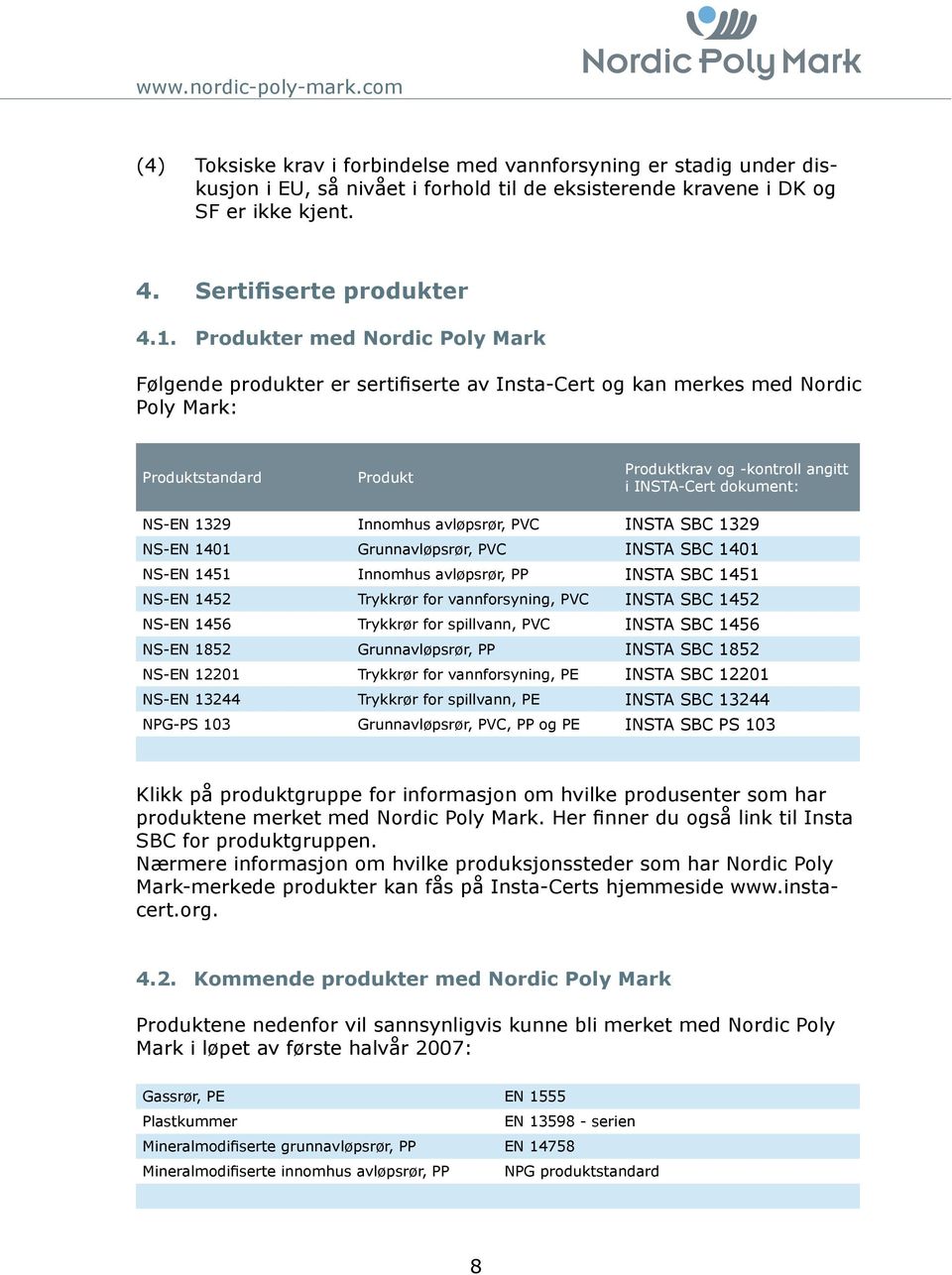 Produkter med Nordic Poly Mark Følgende produkter er sertifiserte av InstaCert og kan merkes med Nordic Poly Mark: Produktstandard Produkt Produktkrav og kontroll angitt i INSTACert dokument: NSEN