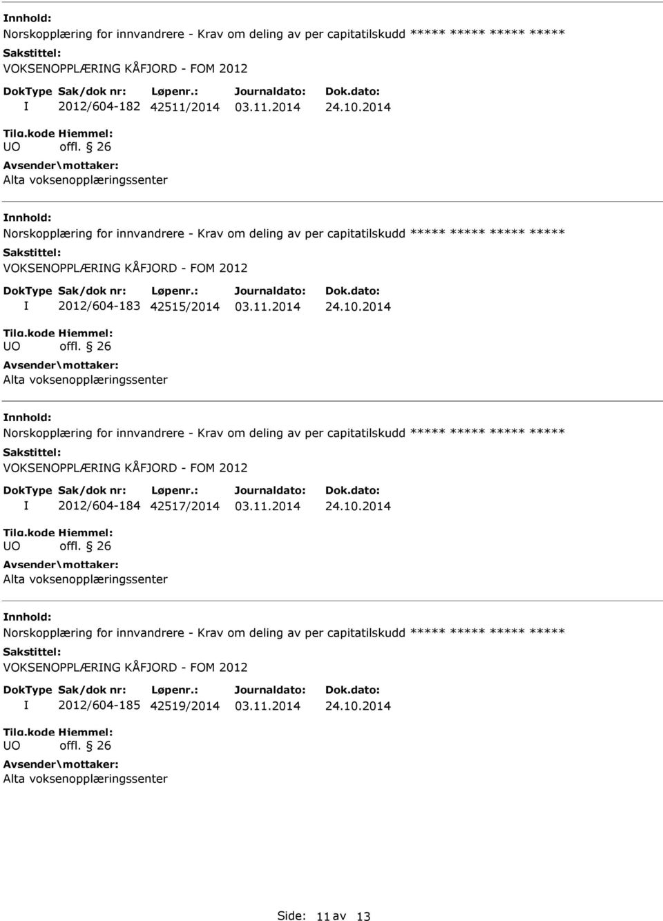 2014 Norskopplæring for innvandrere - Krav om deling av per capitatilskudd ***** ***** ***** ***** VOKSENOPPLÆRNG KÅFJORD - FOM 2012 O 2012/604-184 42517/2014 Alta voksenopplæringssenter 24.10.