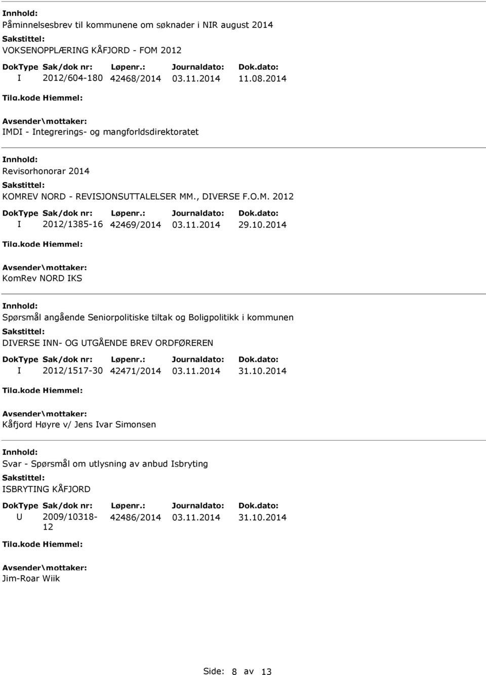 2014 KomRev NORD KS Spørsmål angående Seniorpolitiske tiltak og Boligpolitikk i kommunen DVERSE NN- OG TGÅENDE BREV ORDFØREREN 2012/1517-30 42471/2014 31.