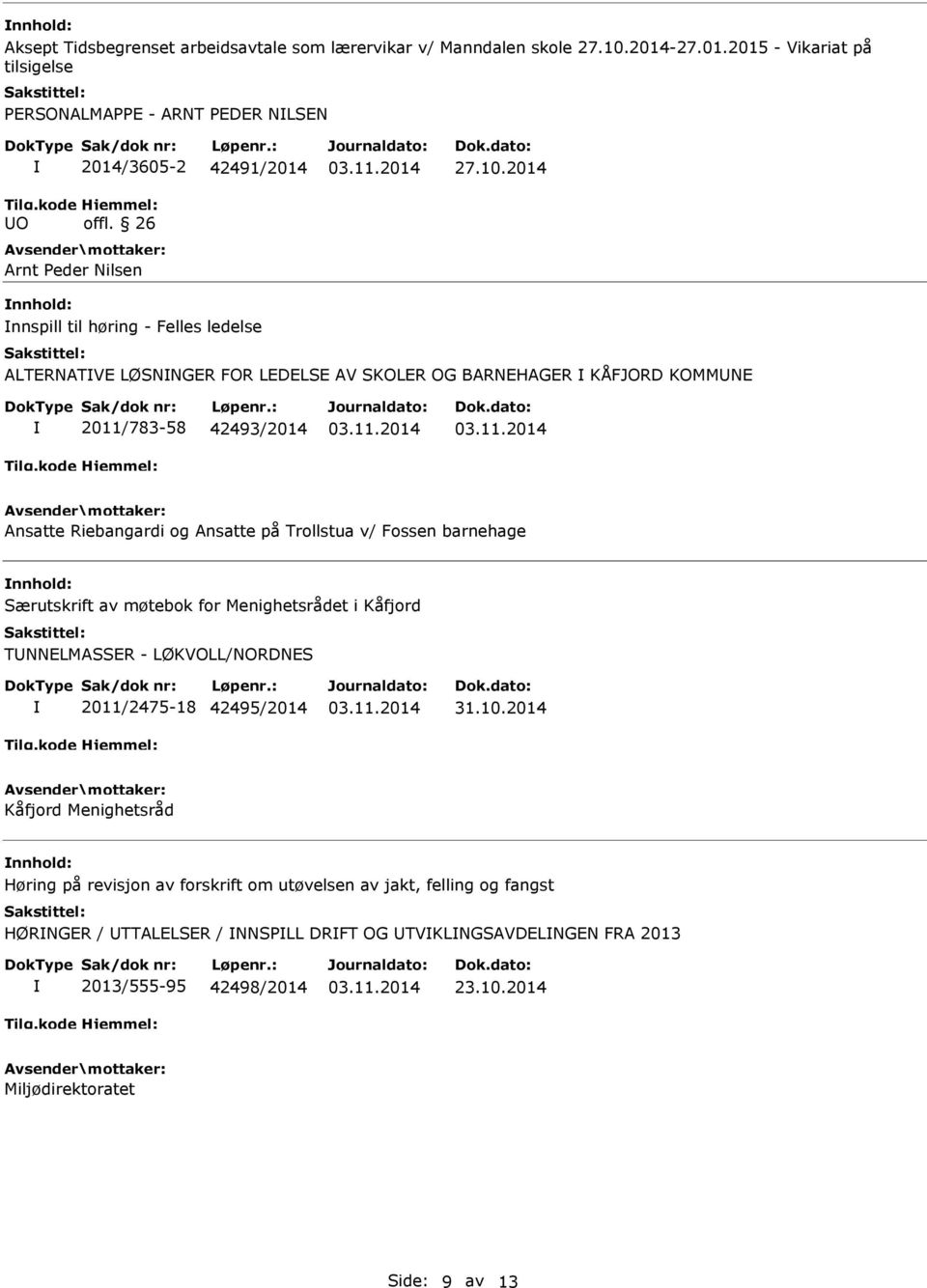 2014 nnspill til høring - Felles ledelse ALTERNATVE LØSNNGER FOR LEDELSE AV SKOLER OG BARNEHAGER KÅFJORD KOMMNE 2011/783-58 42493/2014 Ansatte Riebangardi og Ansatte på Trollstua v/