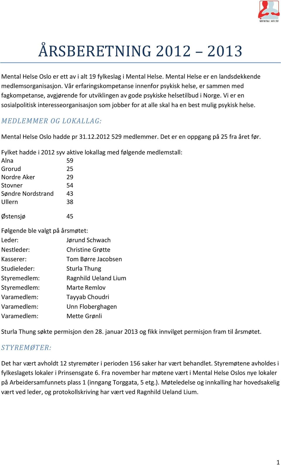 Vi er en sosialpolitisk interesseorganisasjon som jobber for at alle skal ha en best mulig psykisk helse. MEDLEMMER OG LOKALLAG: Mental Helse Oslo hadde pr 31.12.2012 529 medlemmer.