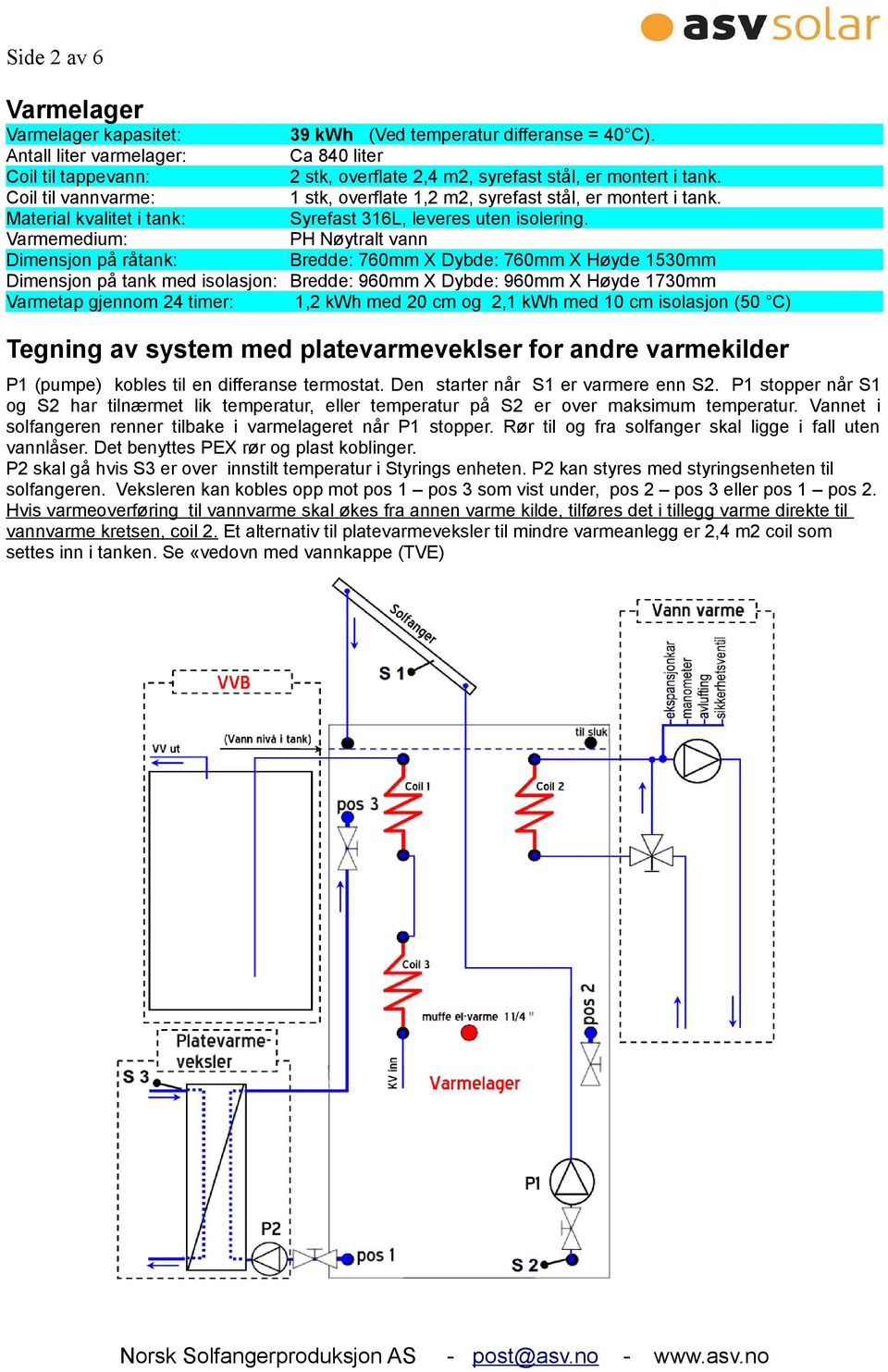 Material kvalitet i tank: Syrefast 316L, leveres uten isolering.