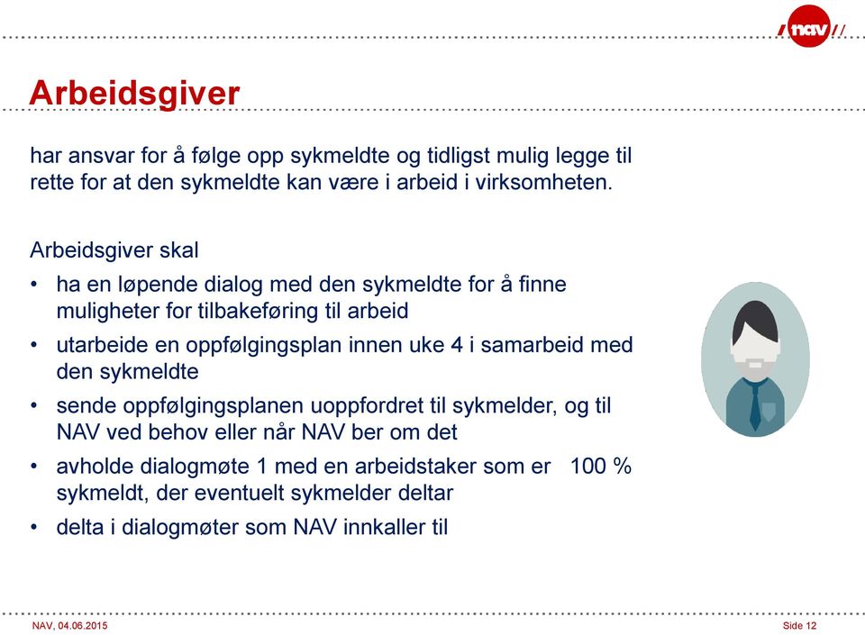 uke 4 i samarbeid med den sykmeldte sende oppfølgingsplanen uoppfordret til sykmelder, og til NAV ved behov eller når NAV ber om det avholde