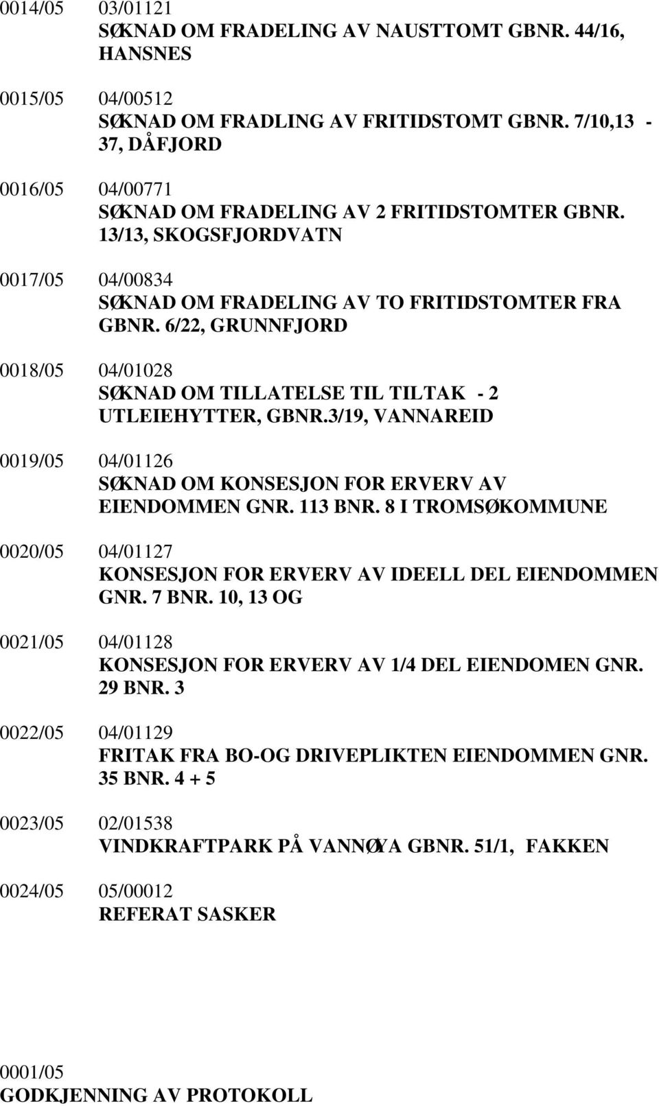 6/22, GRUNNFJORD 0018/05 04/01028 SØKNAD OM TILLATELSE TIL TILTAK - 2 UTLEIEHYTTER, GBNR.3/19, VANNAREID 0019/05 04/01126 SØKNAD OM KONSESJON FOR ERVERV AV EIENDOMMEN GNR. 113 BNR.