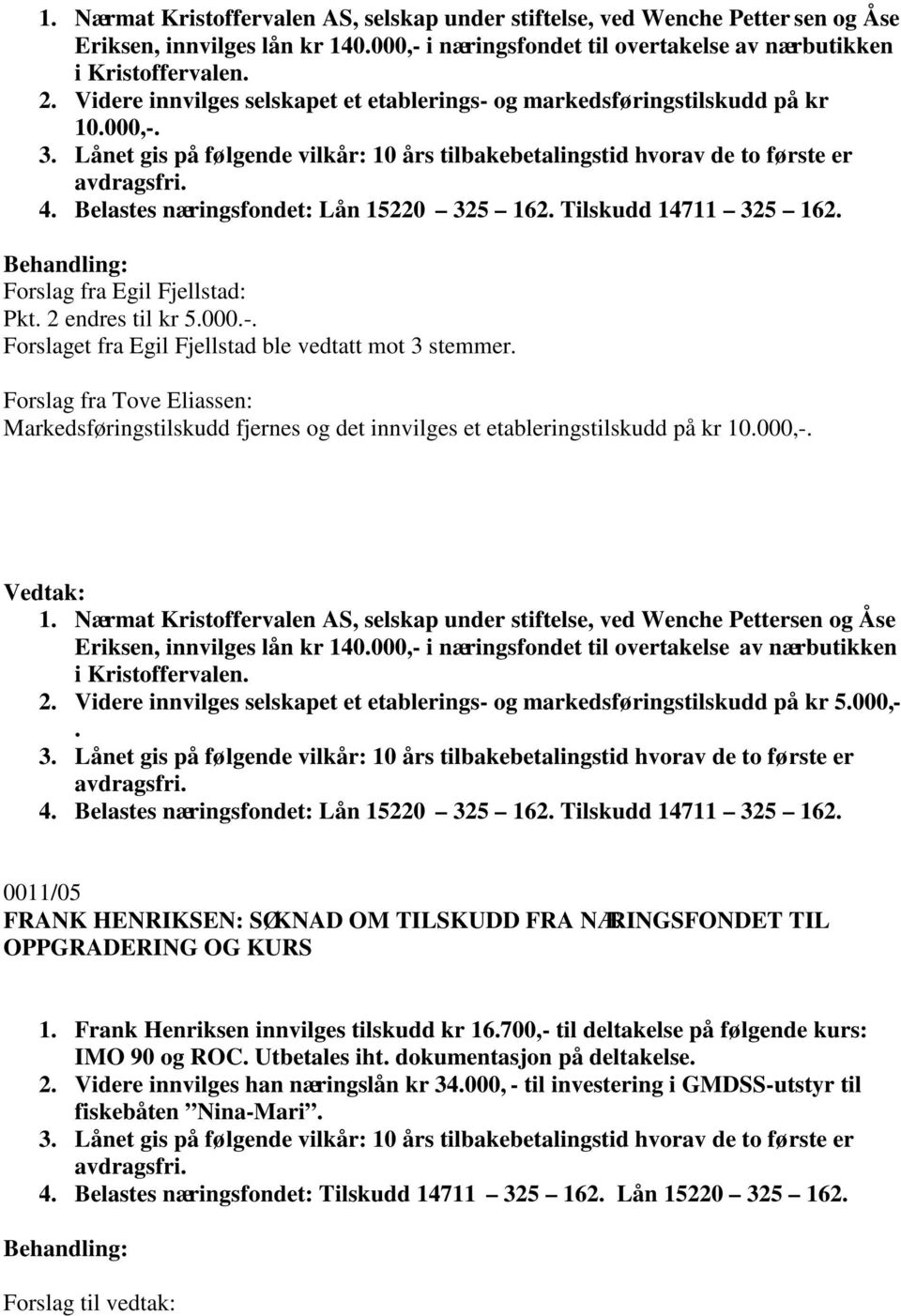 Belastes næringsfondet: Lån 15220 325 162. Tilskudd 14711 325 162. Forslag fra Egil Fjellstad: Pkt. 2 endres til kr 5.000.-. Forslaget fra Egil Fjellstad ble vedtatt mot 3 stemmer.