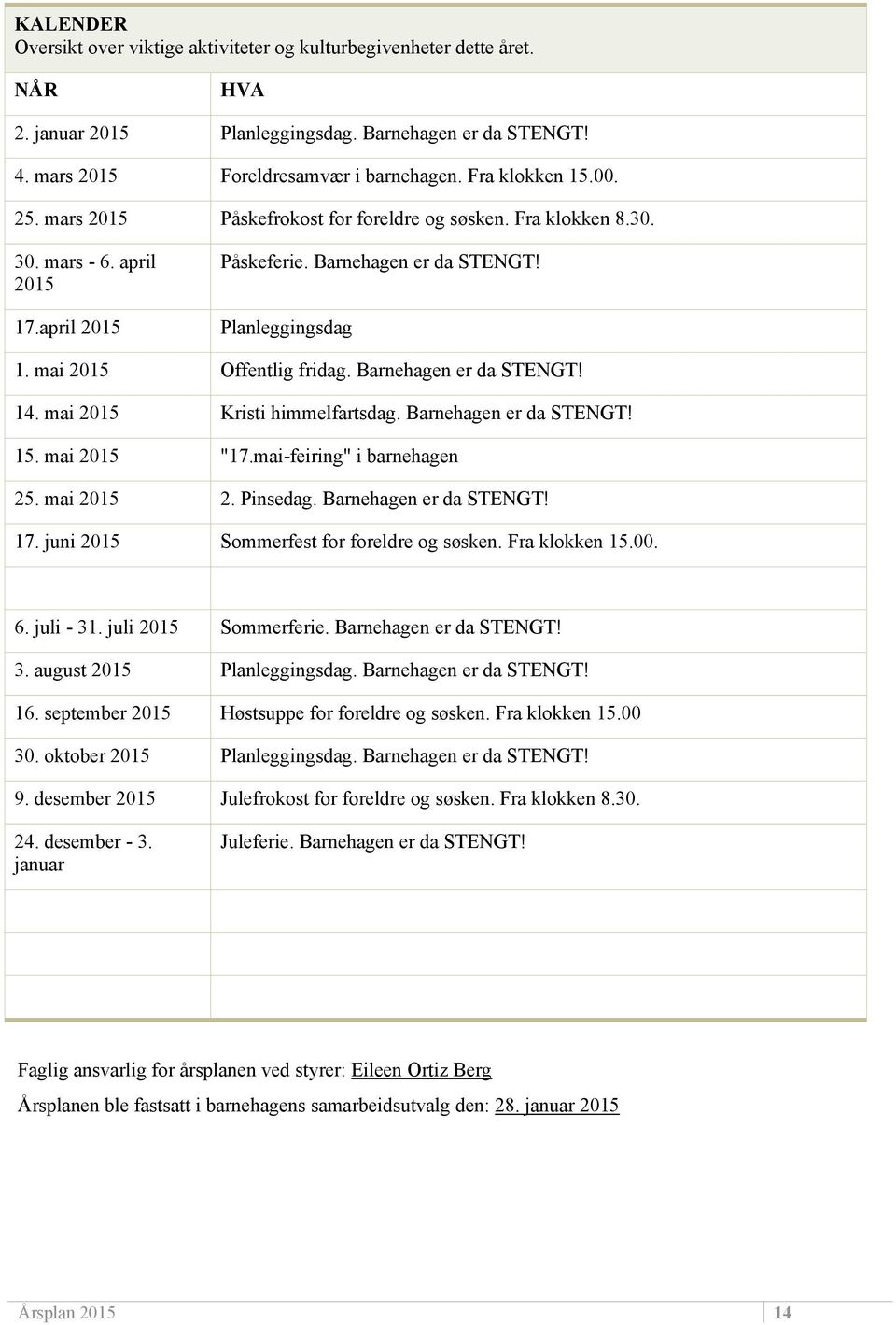 Barnehagen er da STENGT! 14. mai 2015 Kristi himmelfartsdag. Barnehagen er da STENGT! 15. mai 2015 "17.mai-feiring" i barnehagen 25. mai 2015 2. Pinsedag. Barnehagen er da STENGT! 17.