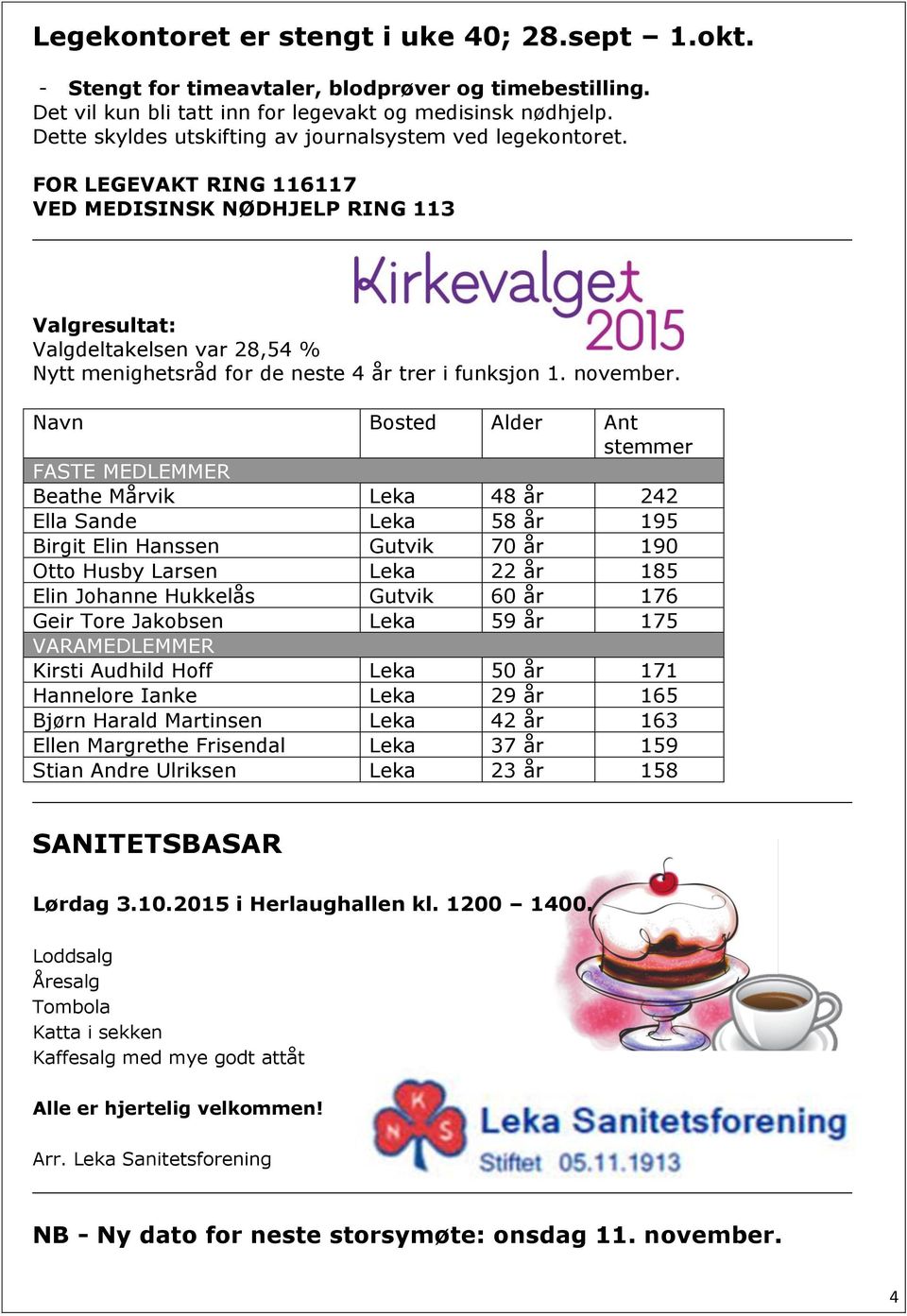 FOR LEGEVAKT RING 116117 VED MEDISINSK NØDHJELP RING 113 Valgresultat: Valgdeltakelsen var 28,54 % Nytt menighetsråd for de neste 4 år trer i funksjon 1. november.