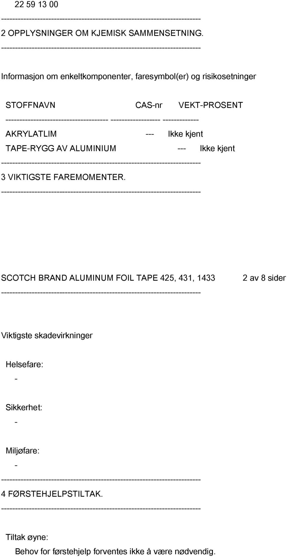 AKRYLATLIM Ikke kjent TAPERYGG AV ALUMINIUM Ikke kjent 3 VIKTIGSTE FAREMOMENTER.