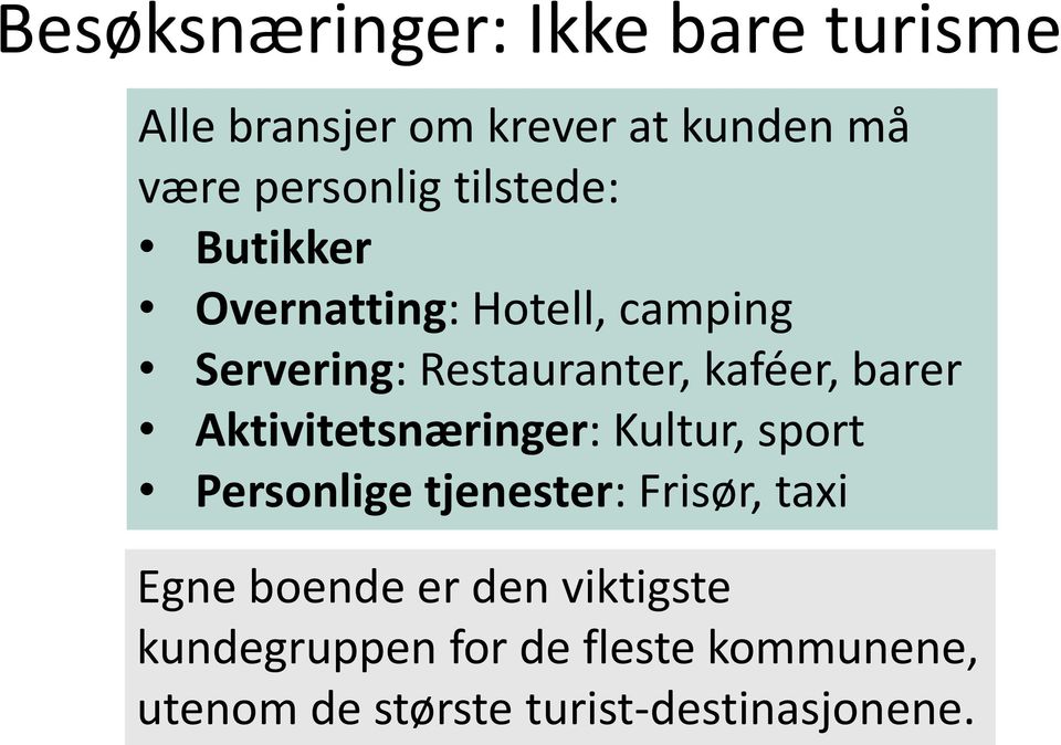 Aktivitetsnæringer: Kultur, sport Personlige tjenester: Frisør, taxi Egne boende er den