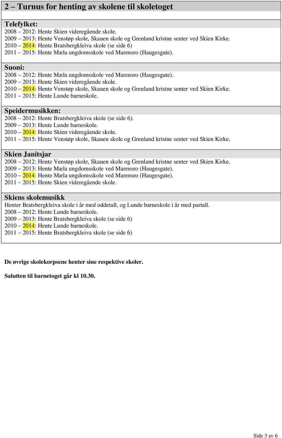 2009 2013: Hente Skien videregående skole. 2010 2014: Hente Venstøp skole, Skauen skole og Grenland kristne senter ved Skien Kirke. 2011 2015: Hente Lunde barneskole.