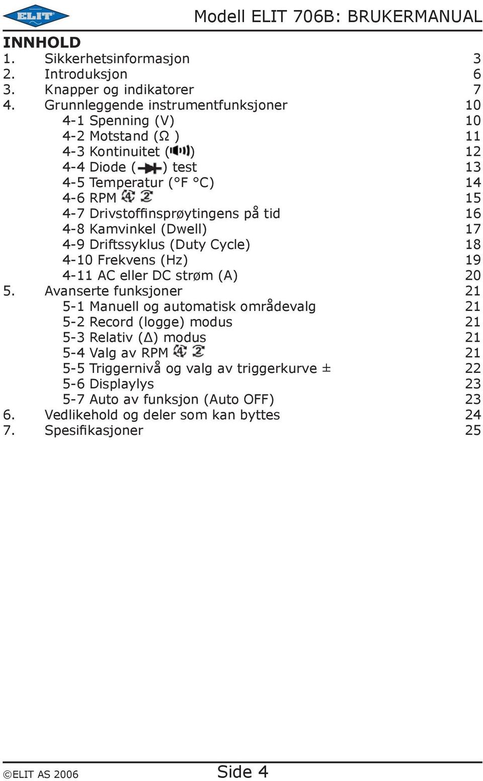 Drivstoffinsprøytingens på tid 16 4-8 Kamvinkel (Dwell) 17 4-9 Driftssyklus (Duty Cycle) 18 4-10 Frekvens (Hz) 19 4-11 AC eller DC strøm (A) 20 5.