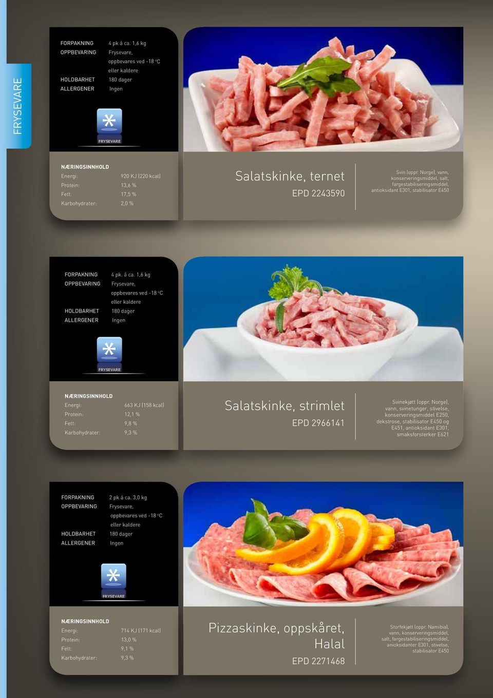 1,6 kg 663 KJ (158 kcal) Protein: 12,1 % Fett: 9,8 % Karbohydrater: 9,3 % Salatskinke, strimlet EPD 2966141 Svinekjøtt (oppr.