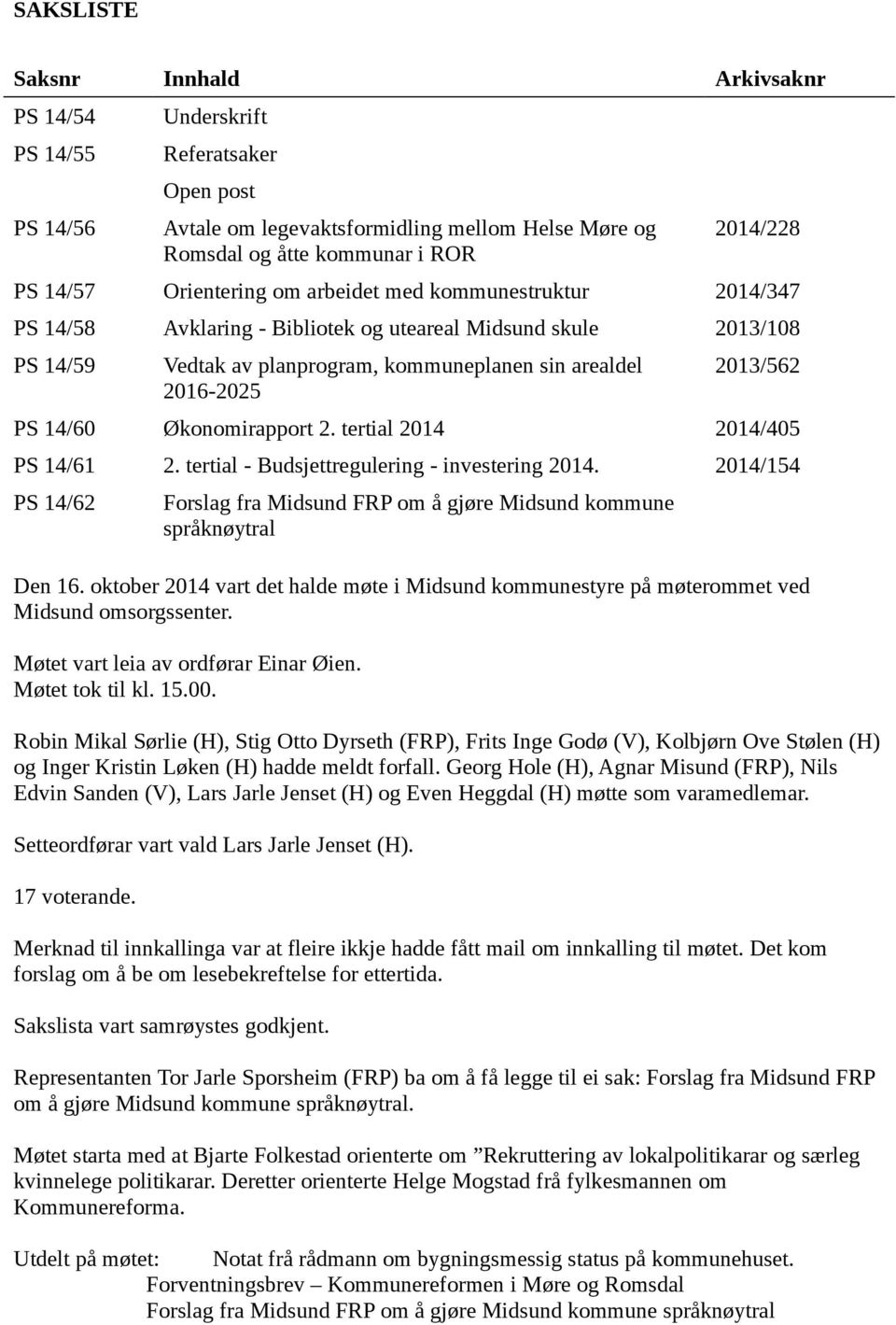 14/60 Økonomirapport 2. tertial 2014 2014/405 PS 14/61 2. tertial - Budsjettregulering - investering 2014. 2014/154 PS 14/62 Forslag fra Midsund FRP om å gjøre Midsund kommune språknøytral Den 16.