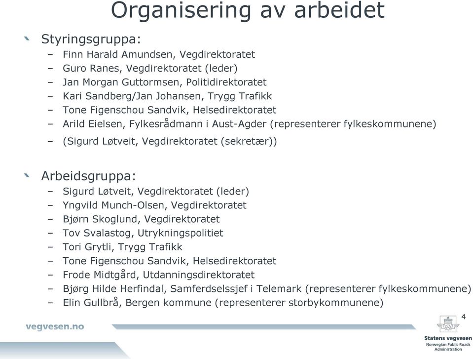 Løtveit, Vegdirektoratet (leder) Yngvild Munch-Olsen, Vegdirektoratet Bjørn Skoglund, Vegdirektoratet Tov Svalastog, Utrykningspolitiet Tori Grytli, Trygg Trafikk Tone Figenschou Sandvik,