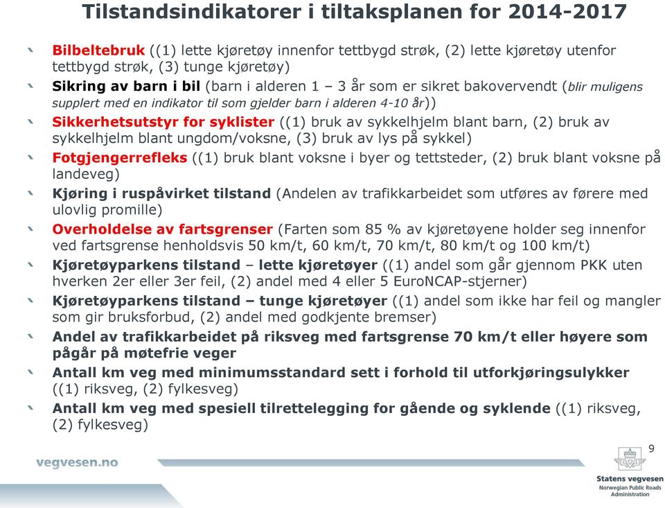 bruk av sykkelhjelm blant ungdom/voksne, (3) bruk av lys på sykkel) Fotgjengerrefleks ((1) bruk blant voksne i byer og tettsteder, (2) bruk blant voksne på landeveg) Kjøring i ruspåvirket tilstand