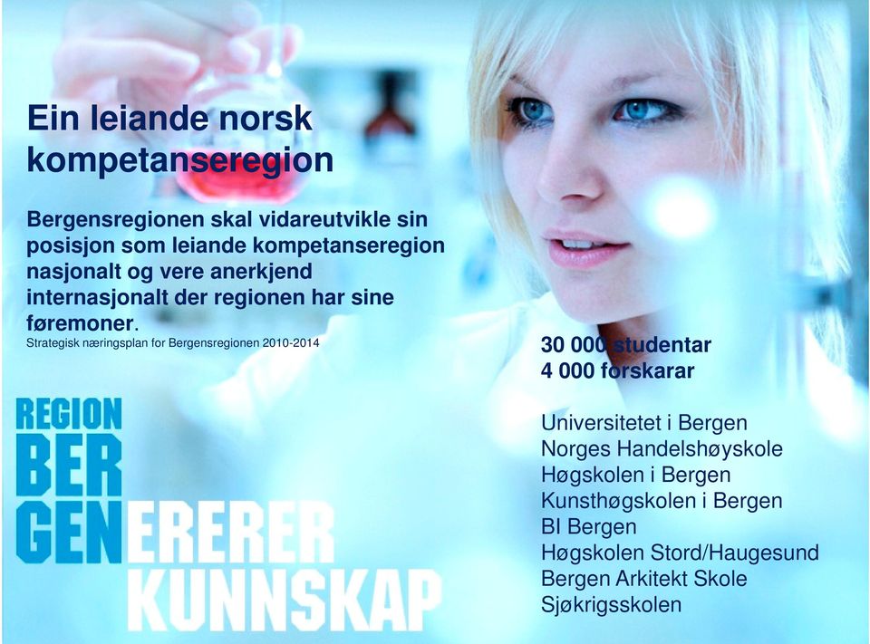 Strategisk næringsplan for Bergensregionen 2010-2014 30 000 studentar 4 000 forskarar Universitetet i Bergen