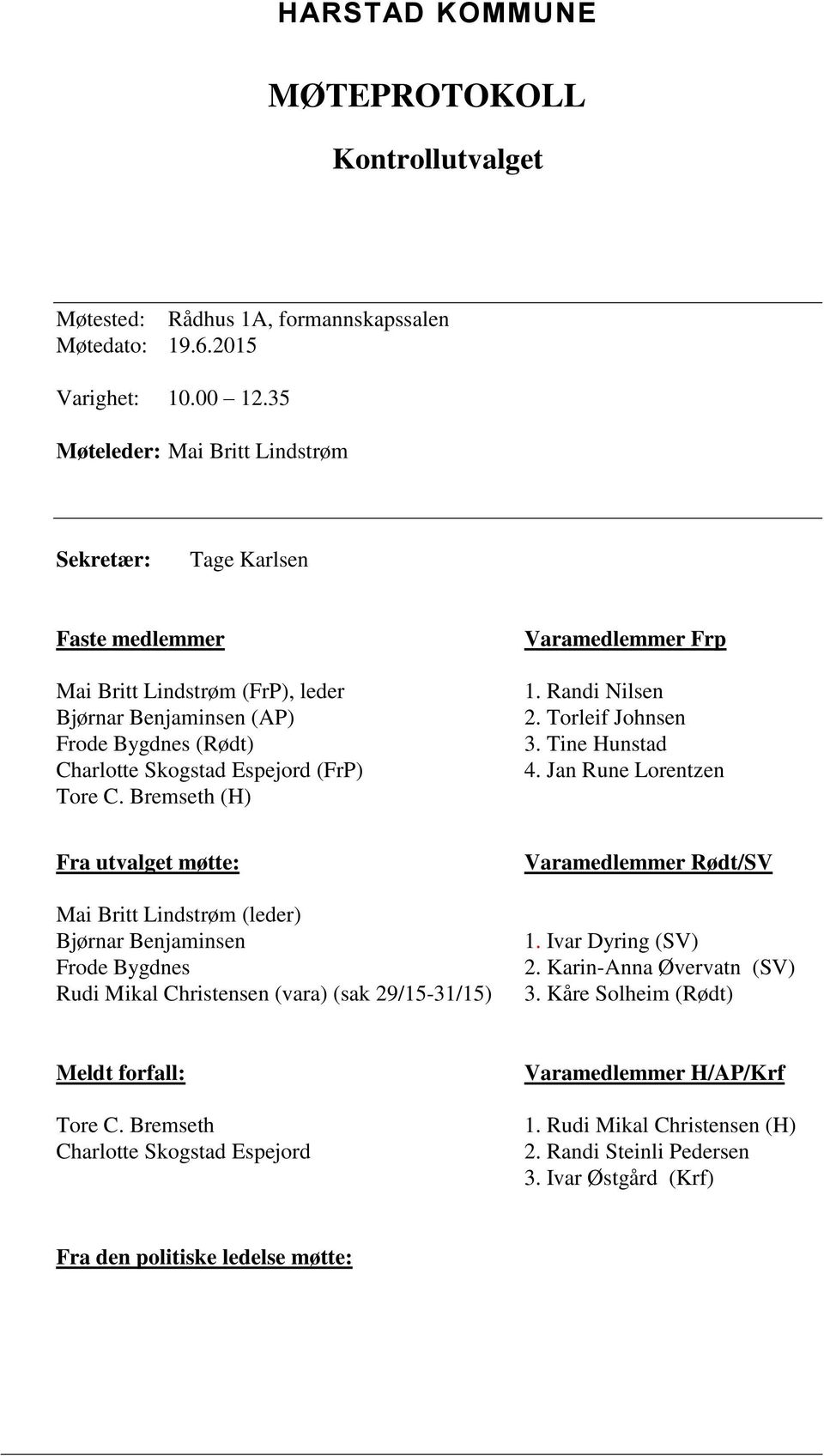 Bremseth (H) Varamedlemmer Frp 1. Randi Nilsen 2. Torleif Johnsen 3. Tine Hunstad 4.