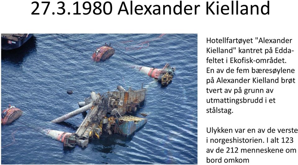 En av de fem bæresøylene på Alexander Kielland brøt tvert av på grunn av